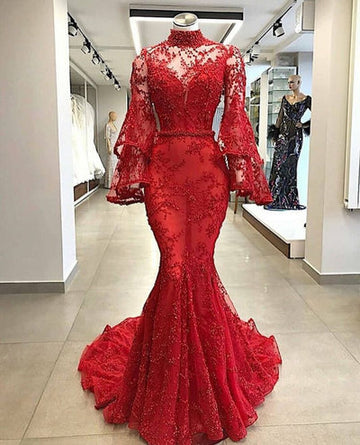 HIGH NECK LONG SLEEVESS MERMAID BEADING APPLIQUE CHAPEL TRAIN PROM DRESS HZ1023
